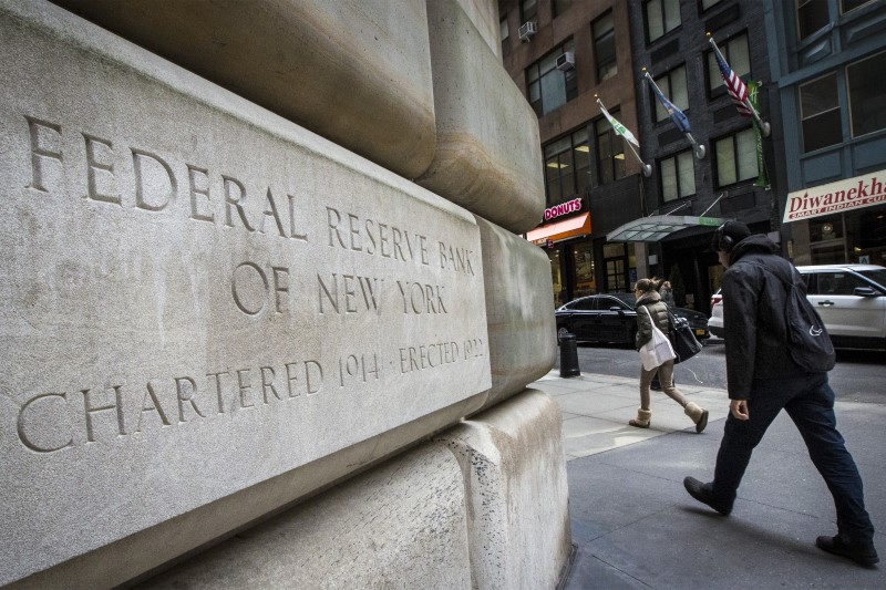 © Reuters. The corner stone of The New York Federal Reserve Bank is seen in New York's financial district