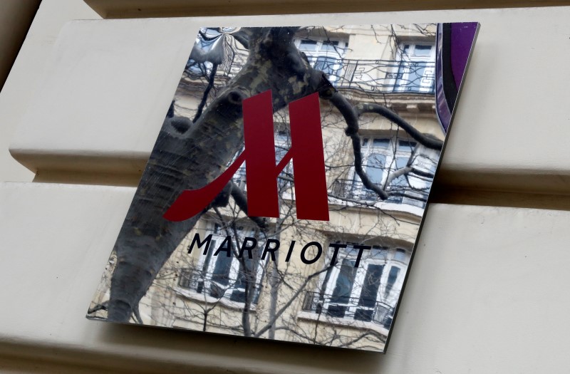 © Reuters. The logo of the Marriott hotels is seen on the Marriott Ambassador Hotel in Paris