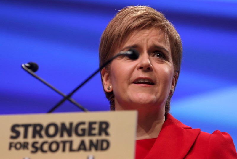 © Reuters. Scotland's First Minister Nicola Sturgeon delivers her speech during the SNP's Spring Conference in Glasgow, Scotland