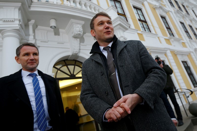 © Reuters. Andre Poggenburg of the anti-immigration Alternative for Germany (AfD) party arrives at the state parliament in Magdeburg