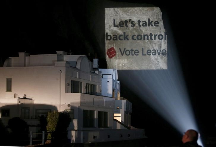 © Reuters. A slogan of the "Vote Leave" campaign is projected onto the White Cliffs of Dover