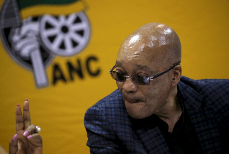 © Reuters. South Africa's President and ANC party president Jacob Zuma reacts as he attends the party's National Executive Committee (NEC) three-day meeting in Pretoria