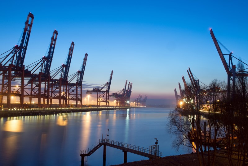 © Reuters. Loading cranes are seen at a shipping terminal  in the harbour in Hamburg