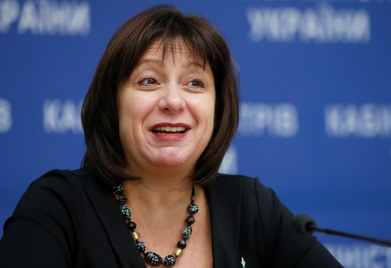 © Reuters. Ukraine's Finance Minister Yaresko reacts during a news conference in Kiev