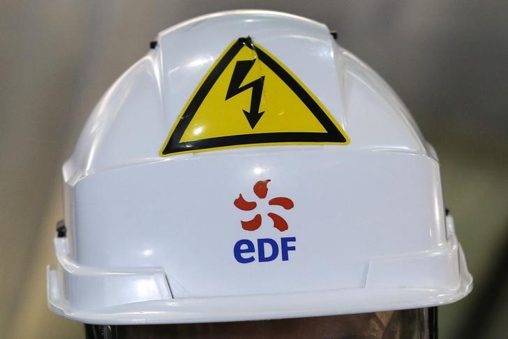 © Reuters. The logo of EDF is seen on a security helmet of an employee in the Electricite de France (EDF) nuclear power station at Civaux