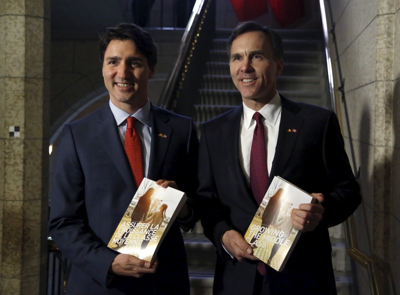 © Reuters. Canada's Prime Minister Trudeau and Finance Minister Morneau walk to the House of Commons to deliver the budget on Parliament Hill in Ottawa