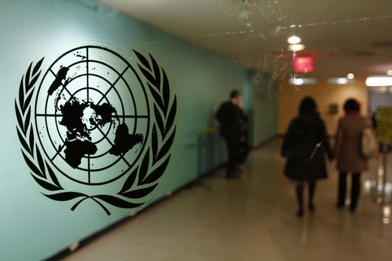 © Reuters. The United Nations logo is displayed on a door at U.N. headquarters in New York