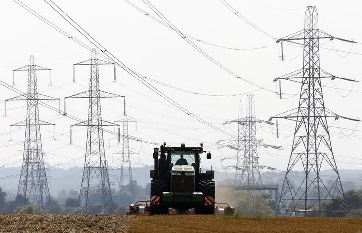 © Reuters. A farmer works in a field surrounded by electricity pylons in Ratcliffe-on-Soar