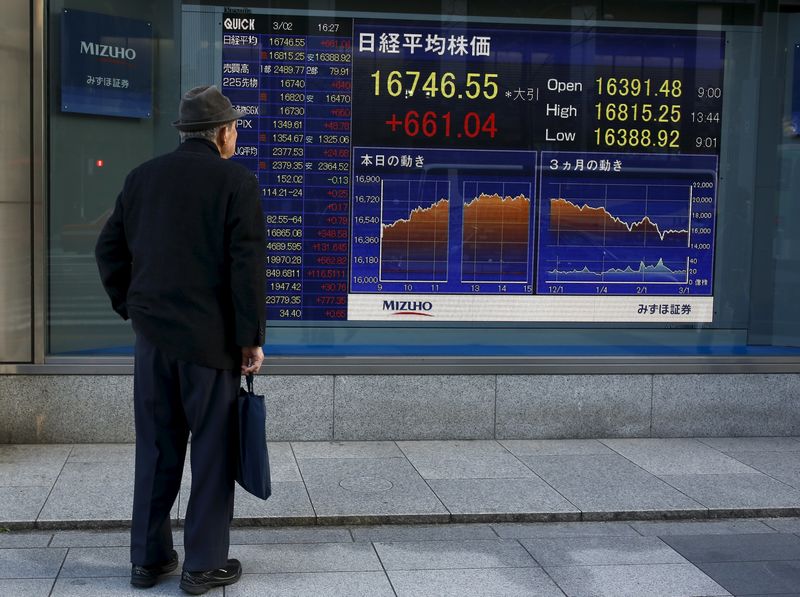 © Reuters. A man looks at an electronic board displaying the Nikkei average outside a brokerage in Tokyo