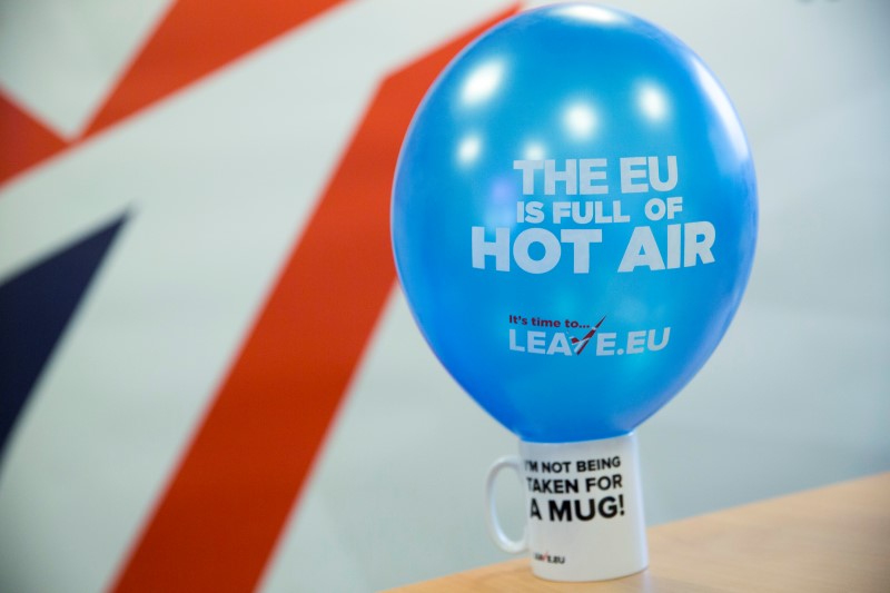 © Reuters. A branded balloon and mug are seen in the office of pro-Brexit group pressure group 