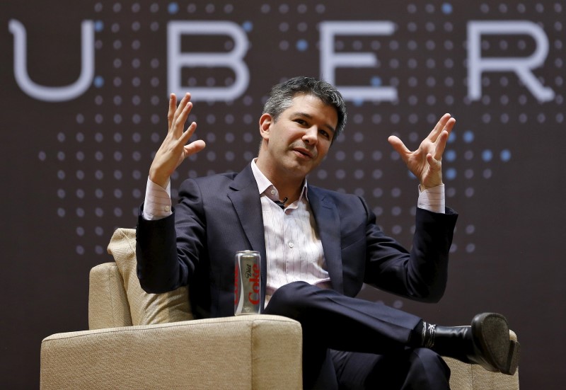 © Reuters. File photo of Uber CEO Kalanick speaking to students during an interaction at IIT campus in Mumbai