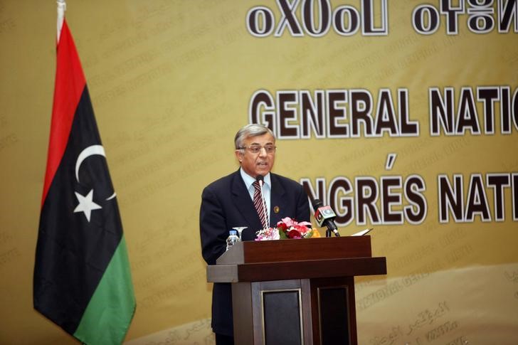 © Reuters. Nouri Abusahmain, president of the General National Congress, speaks during a ceremony in Tripoli