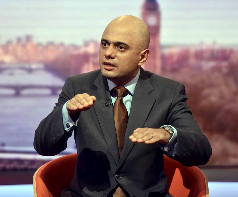 © Reuters. Britain's Business Secretary Sajid Javid is seen speaking on the BBC's Andrew Marr Show, in this handout photograph received via the BBC in London