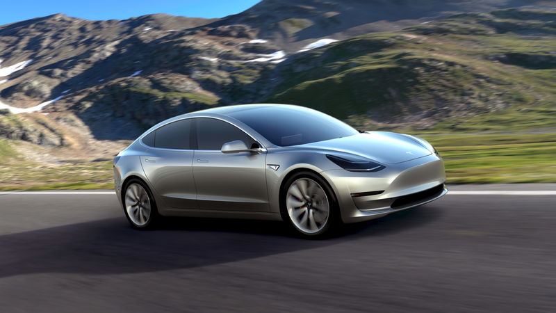 © Reuters. Handout of Tesla Motors' mass-market Model 3 electric cars