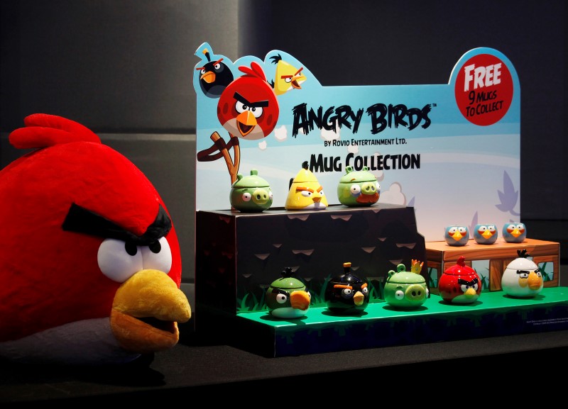 © Reuters. Angry Birds products are displayed during a news conference in Hong Kong