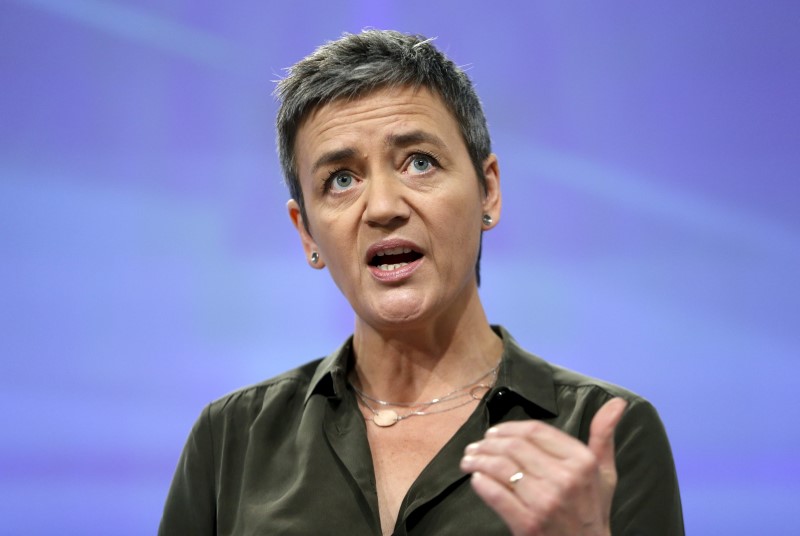 © Reuters. EU Competition Commissioner Vestager addresses a news conference in Brussels