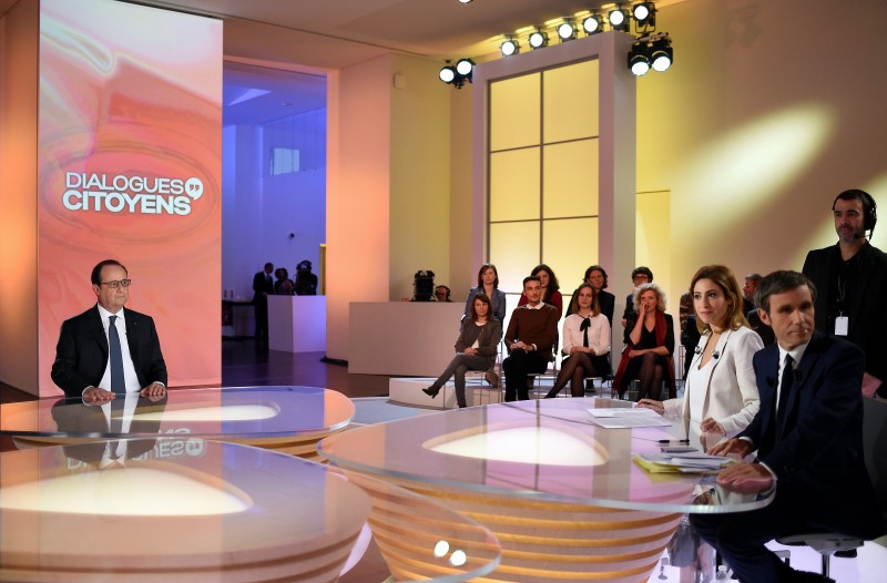 © Reuters. French President Hollande is seen before appearing on France 2 television prime time live programme for an interview at the Musee de l'Homme in Paris