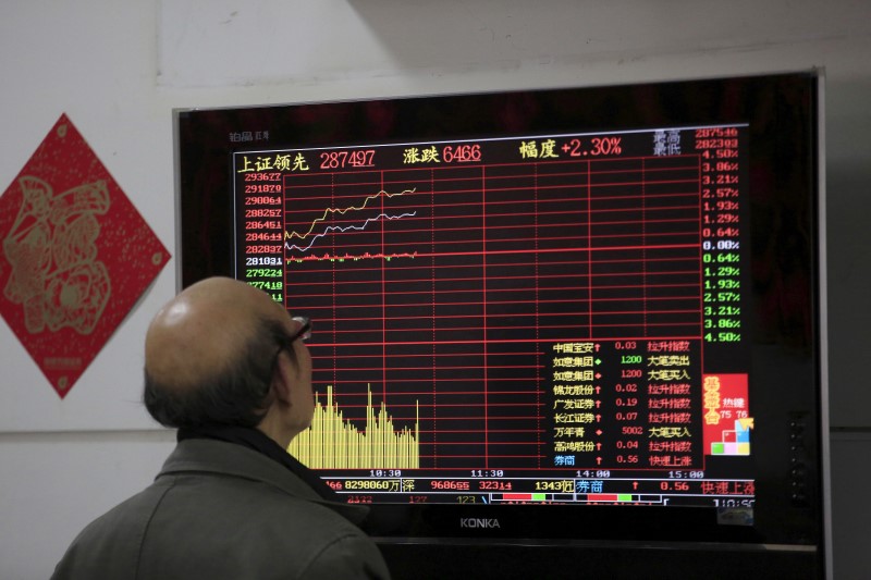 © Reuters. An investor looks at a screen showing stock information at a brokerage house in Shanghai