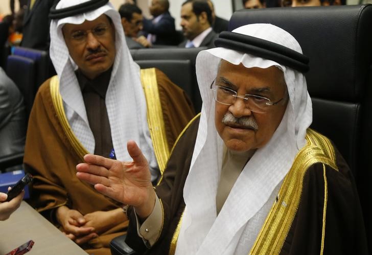 © Reuters. Министр нефти Саудовской Аравии Али аль-Наими говорит с журналистами во время встречи министров стран ОПЕК в Вене
