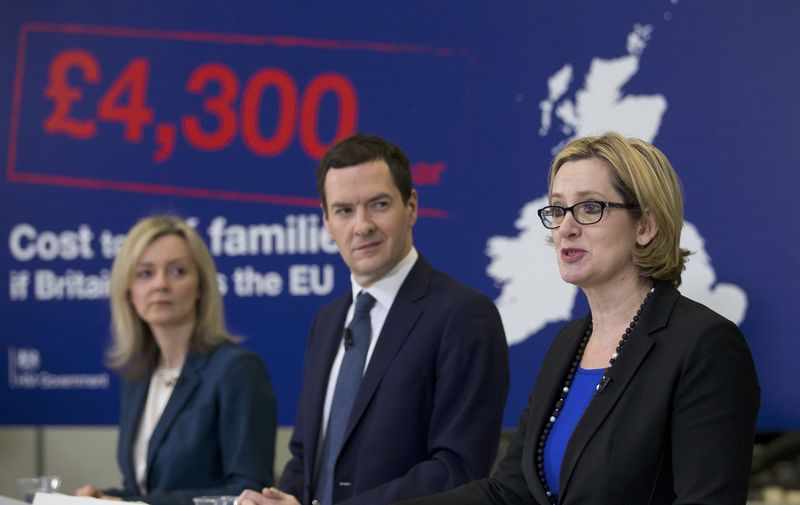 © Reuters. Britain's Chancellor of the Exchequer George Osborne (C), Elizabeth Truss and Amber Rudd speak at an event at the National Composites Centre at the Bristol and Bath Science Park, in Bristol