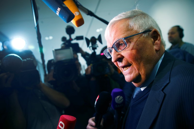 © Reuters. Former German football association president Zwanziger speaks to media at local court in Duesseldorf 