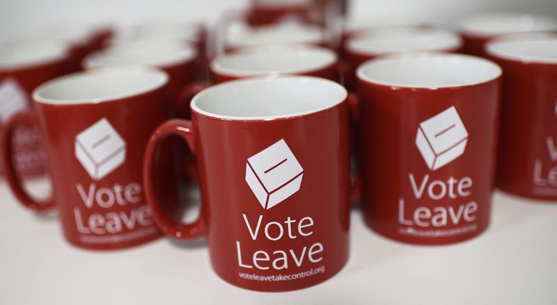 © Reuters. Mugs are displayed at a Vote Leave rally in London