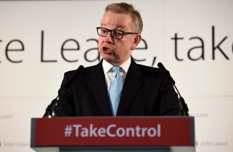 © Reuters. Britain's Secretary of State for Justice Michael Gove speaks at a Vote Leave rally in London