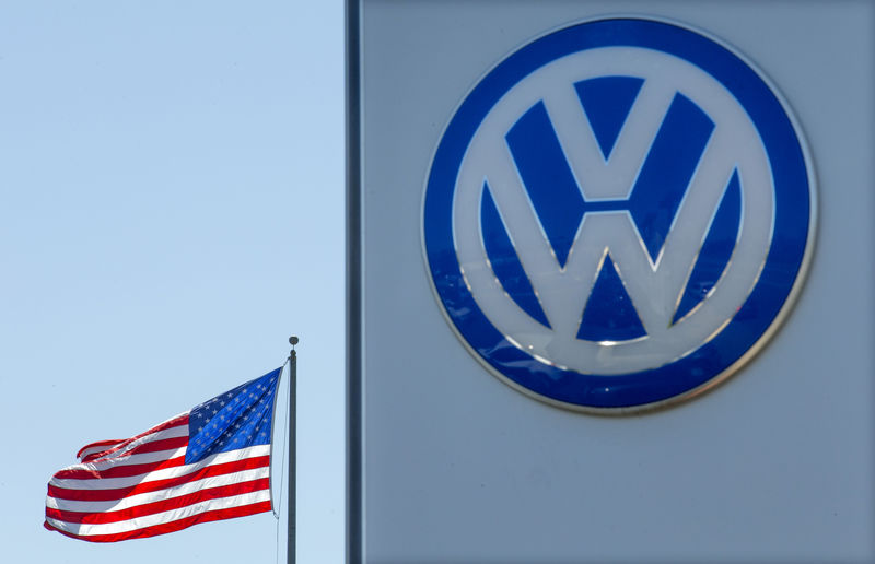 © Reuters. An American flag flies next to a Volkswagen car dealership in San Diego, California 