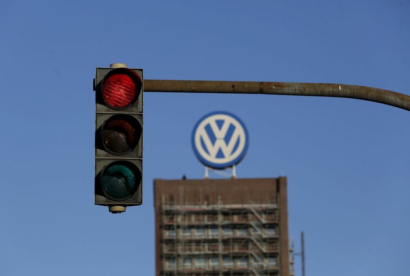 © Reuters. File photo of a traffic light showing red next to the Volkswagen factory in Wolfsburg