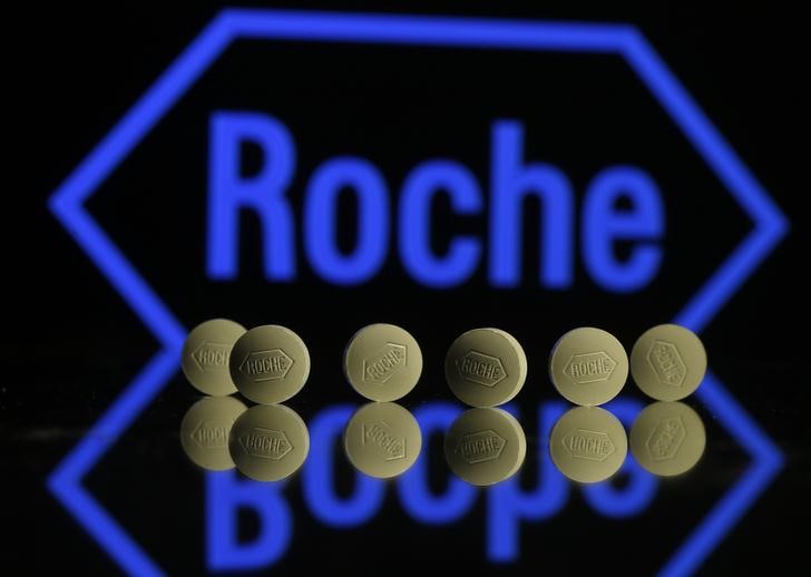 © Reuters. Roche tablets are seen positioned in front of a displayed Roche logo in this photo illustration shot in Zenica