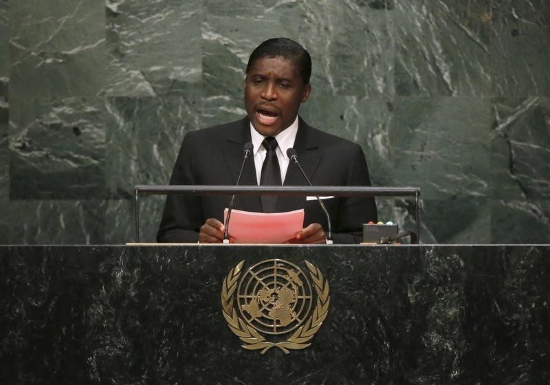 © Reuters. Equatorial Guinea's Second Vice-President Teodoro Nguema Obiang Mangue addresses a plenary meeting of the United Nations Sustainable Development Summit 2015 at the United Nations headquarters in Manhattan, New York