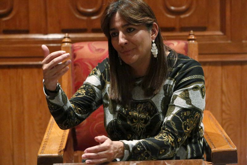 © Reuters. Angela Buitrago, member of the Inter-American Commission on Human Rights (IACHR) gestures during an interview about the delivery of their final report of the 43 missing students from the Ayotzinapa teacher's training college in Mexico City