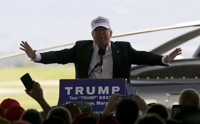 © Reuters. Republican U.S. presidential candidate Donald Trump speaks at a rally in front of his personal helicopter at the airport in Hagerstown, Maryland