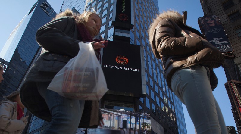 © Reuters. The Thomson Reuters logo on building in Times Square, New York