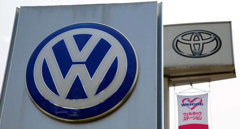 © Reuters. File photo of the logos of Volkswagen and Toyota Motor Corp at their dealership in Tokyo