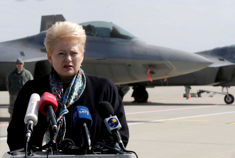 © Reuters. Lithuanian President Grybauskaite speaks to media in front of the U.S. Air Force F-22 Raptor fighters in the military air baser in Siauliai