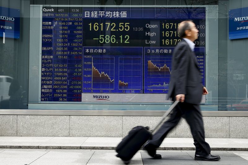 © Reuters. A man walks past an electronic board displaying the Nikkei average outside a brokerage in Tokyo, Japan
