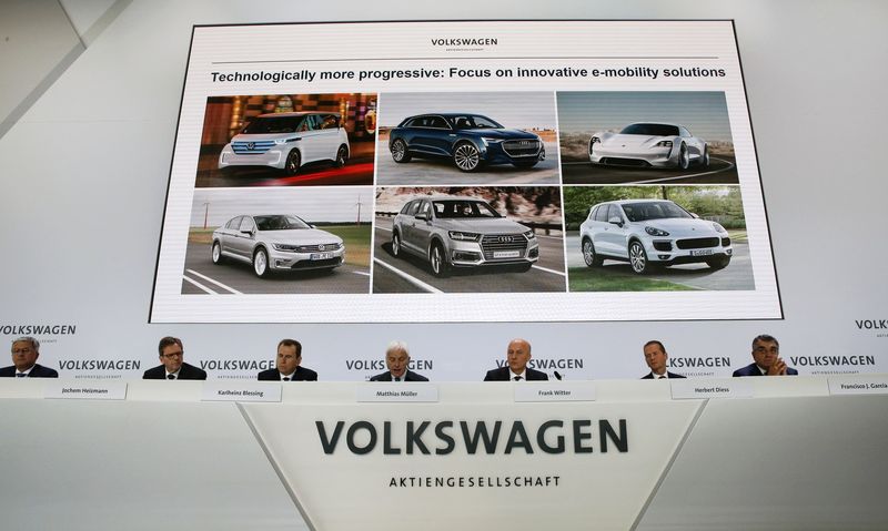 © Reuters. Volkswagen CEO Mueller attends the annual news conference in front of a slide with e-mobility solutions in Wolfsburg