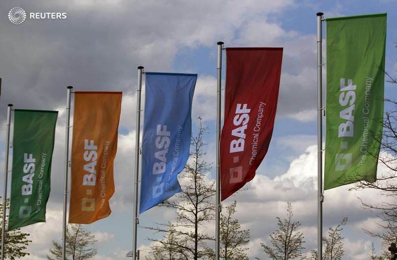© Reuters. Flags of the German chemical company BASF are pictured in Monheim 