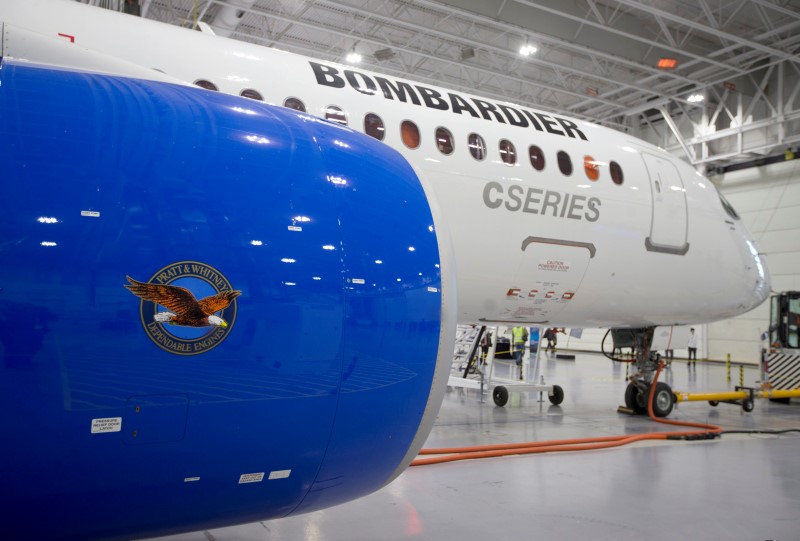 © Reuters. Bombardier's CS300 Aircraft showing its Pratt & Whitney engine in the foreground sits in the hangar prior to its test flight in Mirabel