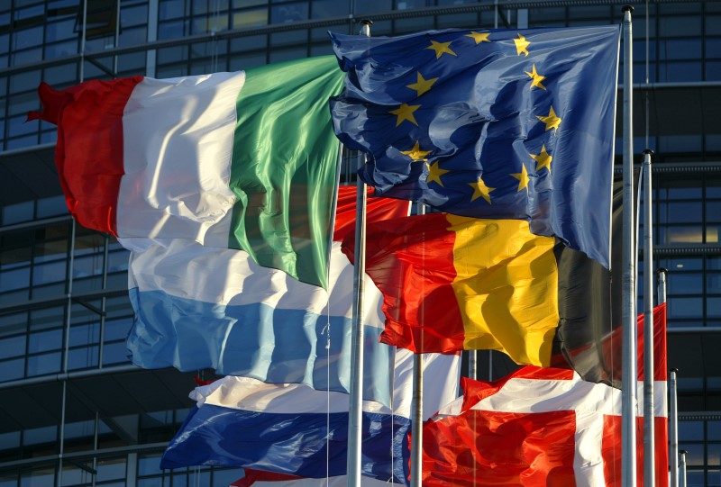 © Reuters. File picture shows European Union member states' flags flying in front of the building of the European Parliament in Strasbourg