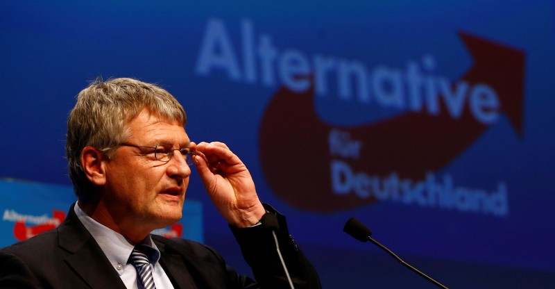 © Reuters. Meuthen, candidate in Baden-Wuerttemberg of the anti-immigration party Alternative for Germany (AfD) speaks at the AfD congress in Stuttgart