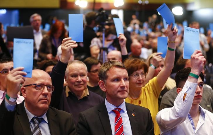 © Reuters. Hoecke of the anti-immigration party Alternative for Germany, watches a vote during the AfD congress in Stuttgart