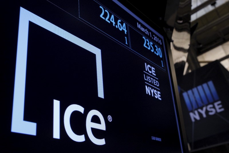 © Reuters. A screen displays the ticker symbol and trading information for Intercontinental Exchange Inc. (ICE) at the post where it is traded on the floor of the NYSE