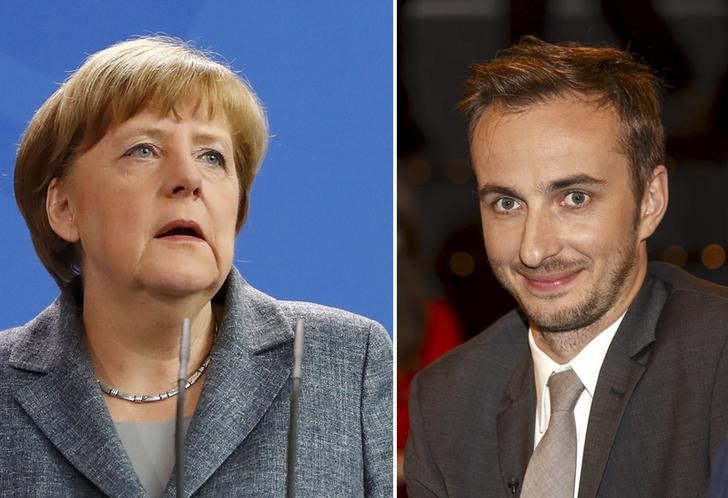 © Reuters. A combination of pictures shows German Chancellor Merkel and German comedian Boehmermann