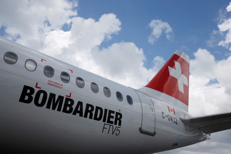 © Reuters. File photo of a Bombardier C Series aircraft at the Singapore Airshow at Changi Exhibition Center 