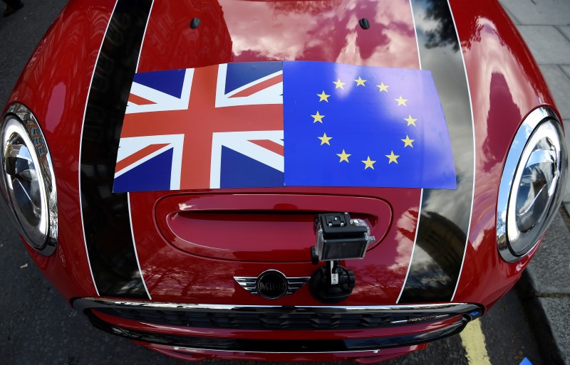 © Reuters. A Mini car is seen with a Union flag and European Union flag design on its bonnet in London