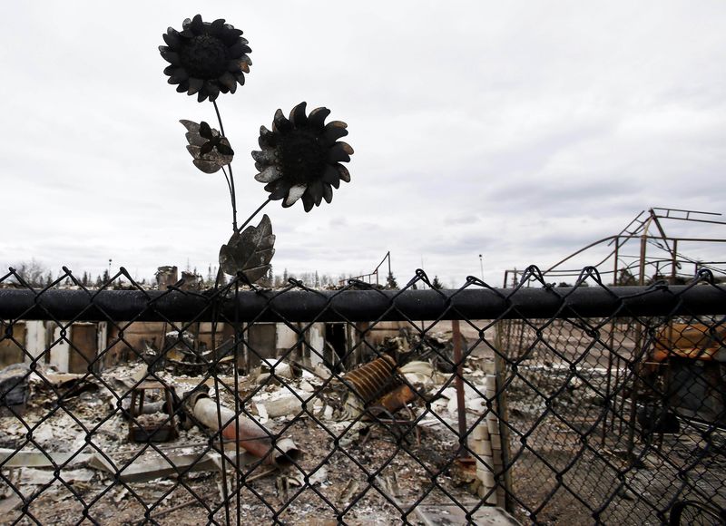 © Reuters. Ornamental flower adorn the fence in front of a burned home in Fort McMurray