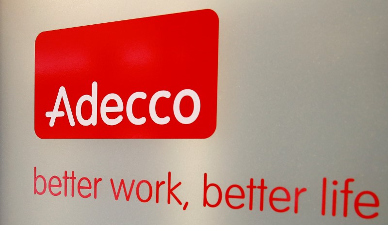 © Reuters. The logo of Swiss staffing group Adecco is seen at a branch in Zurich