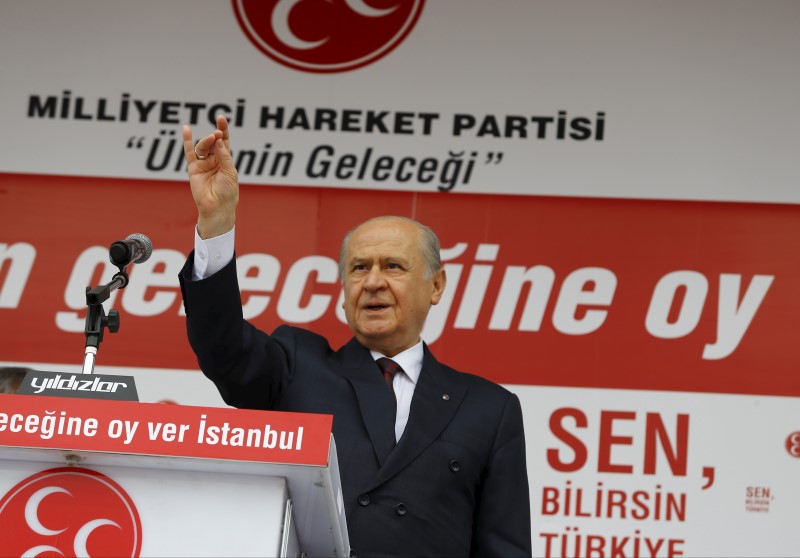 © Reuters. Nationalist Movement Party (MHP) leader Devlet Bahceli makes the grey wolf sign of the party during an election rally for Turkey's general election on November 1, in Istanbul